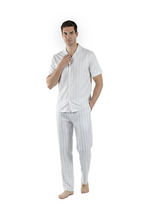 تحميل الصورة إلى عارض المعرض، Men Short Sleeve Pajama with Buttons - Grey Yellow Stripes
