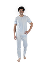 تحميل الصورة إلى عارض المعرض، Men Short Sleeve Pajama with Placket - Grey Stripes