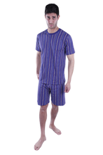 تحميل الصورة إلى عارض المعرض، Men Short Sleeve Pajama with Shorts - Blue Depths Stripes