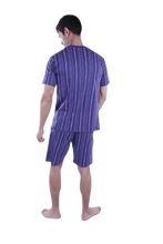 تحميل الصورة إلى عارض المعرض، Men Short Sleeve Pajama with Shorts - Blue Depths Stripes