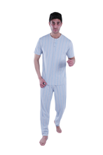 تحميل الصورة إلى عارض المعرض، Men Short Sleeve Pajama with Placket - Grey Stripes