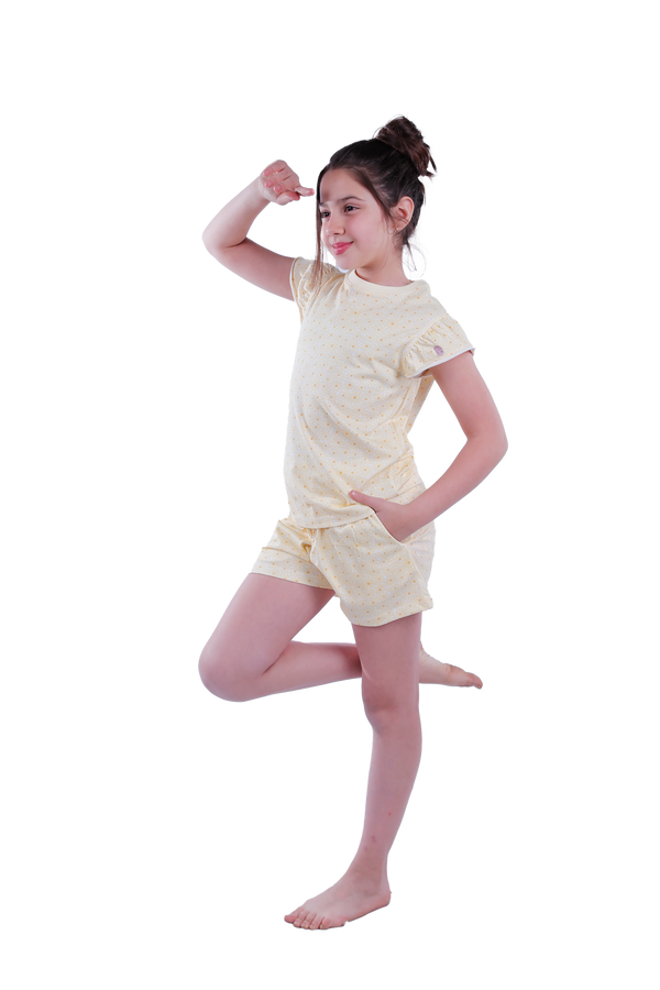 Girls Short Sleeve Pajama with Shorts -  Transparent Yellow Sun Flower