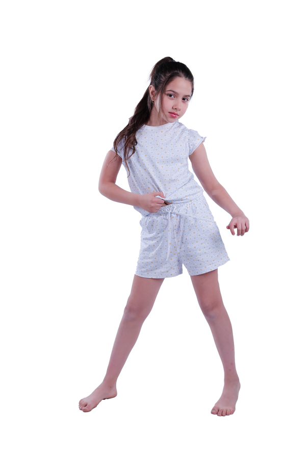 Girls Short Sleeve Pajama with Shorts - Blue Sun Flower