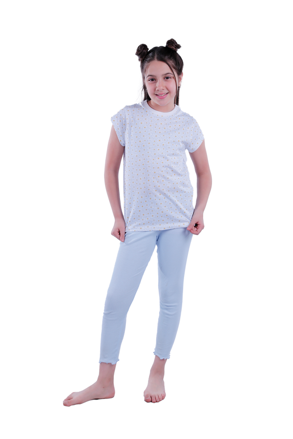 Girls Short Sleeve Pajama with Rib Legging - Blue Sun Flower