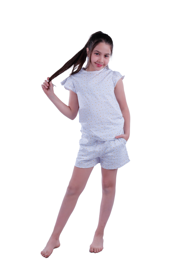 Girls Short Sleeve Pajama with Shorts - Blue Sun Flower
