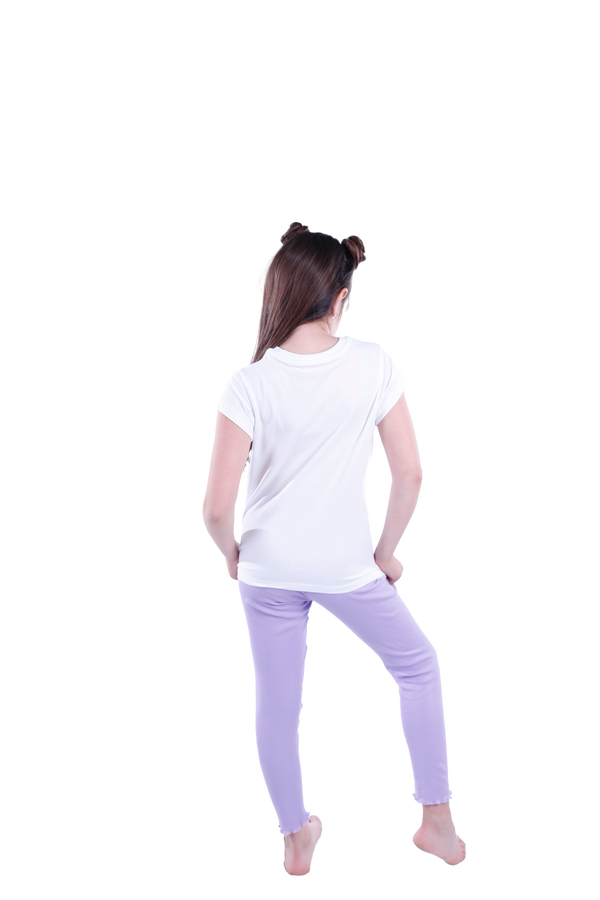 Girls Short Sleeve Pajama with Rib Legging - Bright White*Violet Tulip