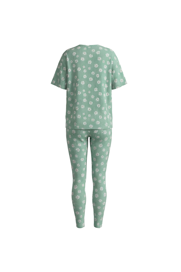 Women Oversize T-Shirt with Legging Pajama Set – Green Flowers