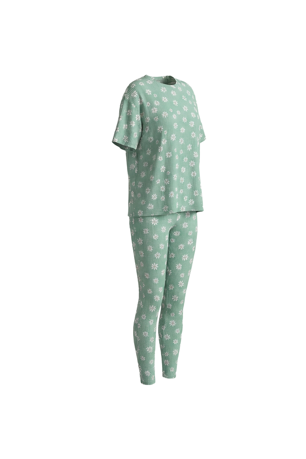 Women Oversize T-Shirt with Legging Pajama Set – Green Flowers