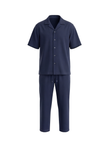 Men Lapel Cotton Pajama Set with Pants – Blue Depths