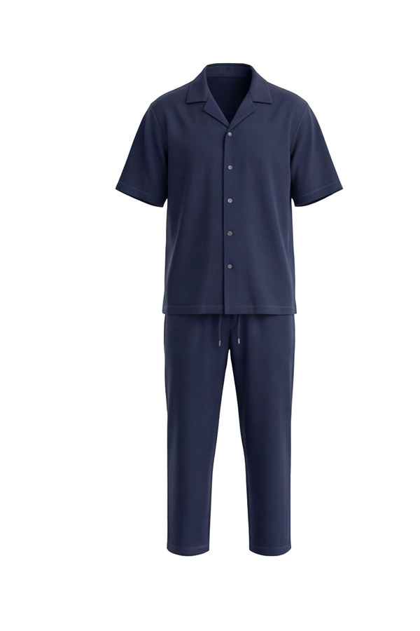 Men Lapel Cotton Pajama Set with Pants – Blue Depths