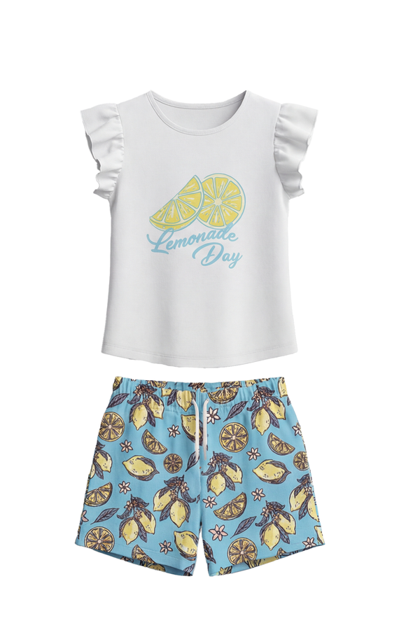 Girls Ruffle Cap Sleeve With Short Pajama Set – Bright White