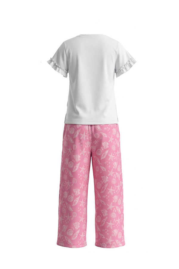 Girls SS T-Shirt With Ruffles & Bermuda Pants Pajama Set – Bright White