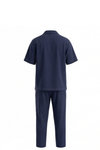 Men Lapel Cotton Pajama Set with Pants – Blue Depths
