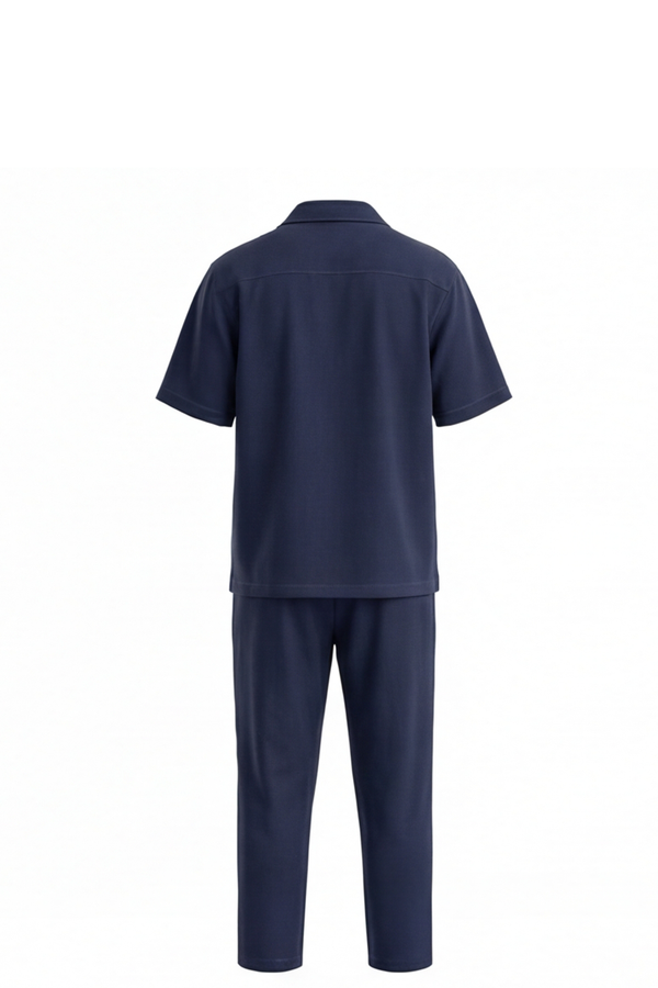 Men Lapel Cotton Pajama Set with Pants – Blue Depths