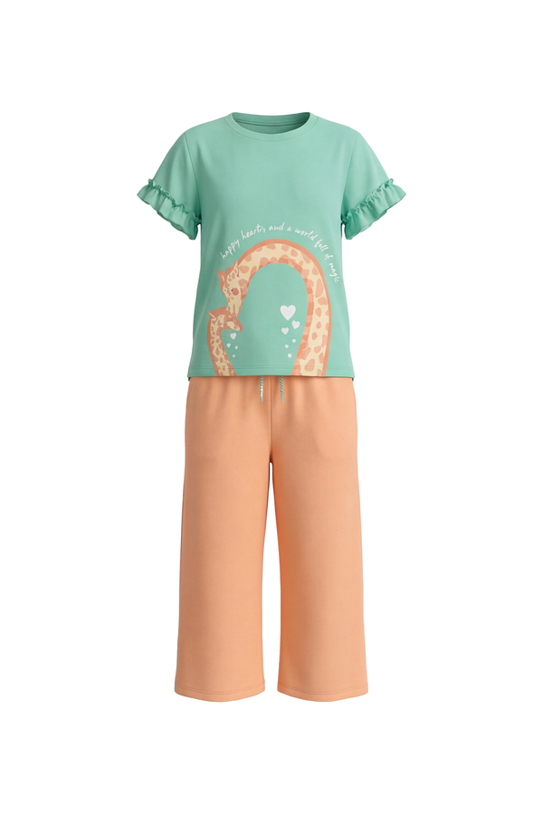 Girls SS T-Shirt With Ruffles & Bermuda Pants Pajama Set – Cabbage