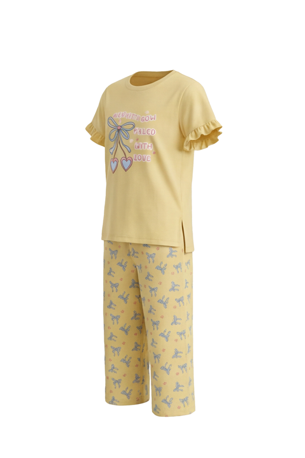Girls SS T-Shirt With Ruffles & Bermuda Pants Pajama Set – Mellow Yellow