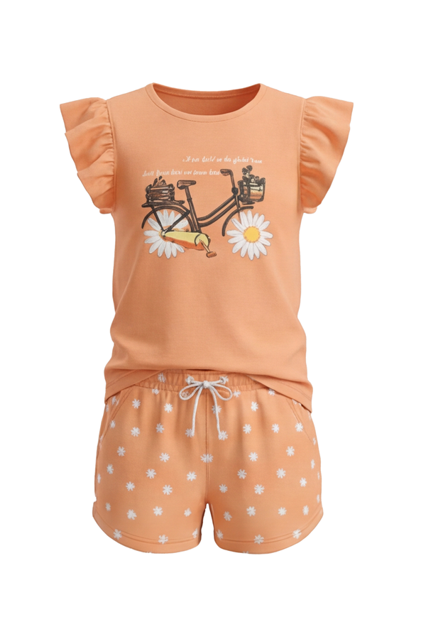 Girls Ruffle Cap Sleeve With Short Pajama Set – Peach Cobbler