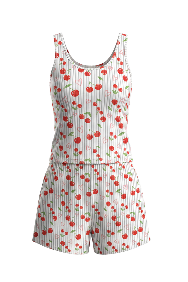 Women Tank Top with Wide-Leg Short Pajama Set – Cherry