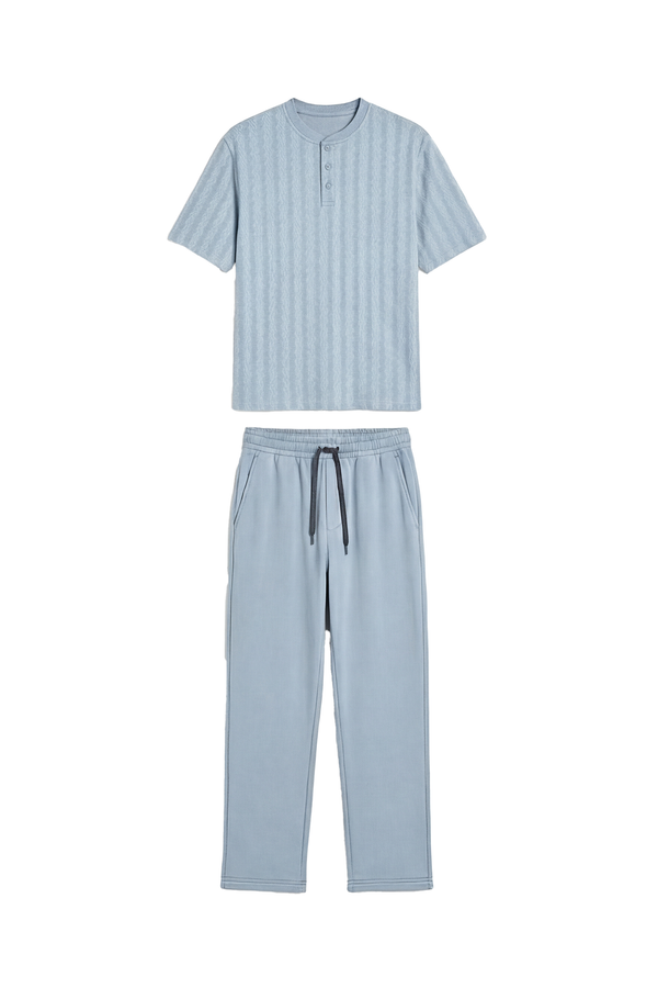 Men Cotton Pajama Set with Pants – Blue Chevron