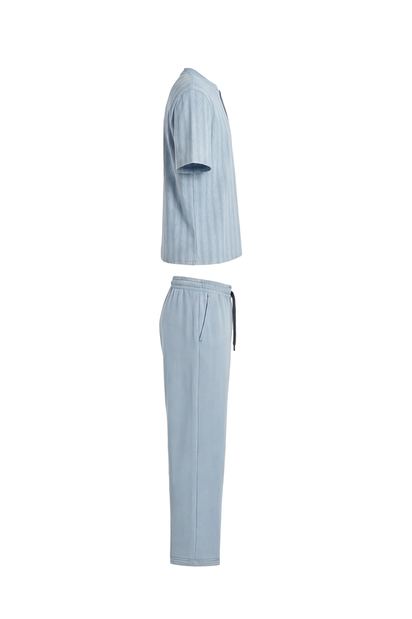 Men Cotton Pajama Set with Pants – Blue Chevron