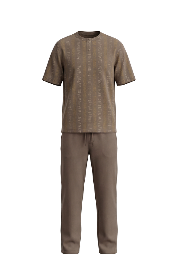Men Cotton Pajama Set with Pants – Brown Chevron