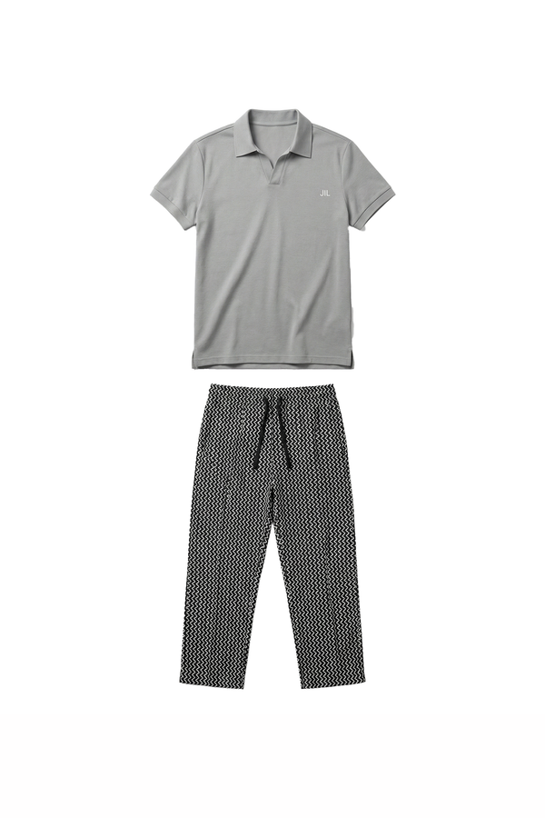 Men V-Neck Polo Pajama Set with Pants – Glacier Gray