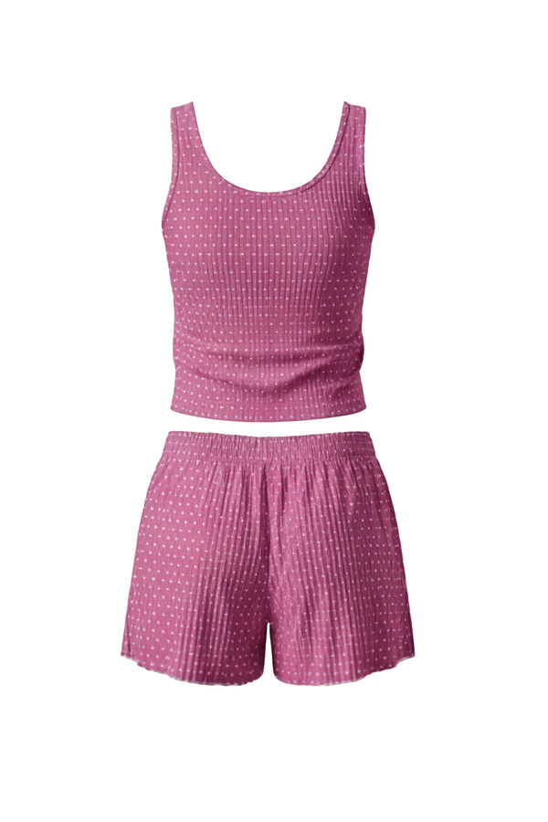 Women Tank Top with Wide-Leg Short Pajama Set – Violet Polka Dots