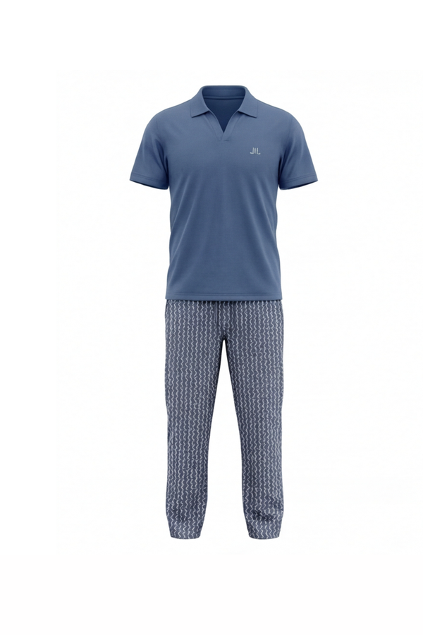Men V-Neck Polo Pajama Set with Pants – Dutch Blue