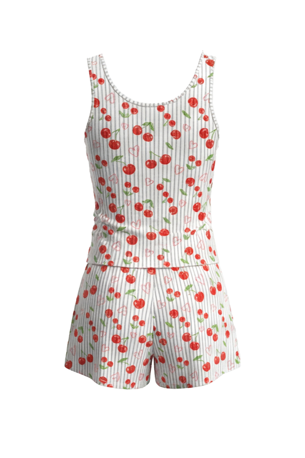 Women Tank Top with Wide-Leg Short Pajama Set – Cherry