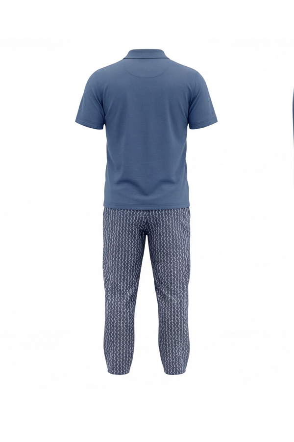 Men V-Neck Polo Pajama Set with Pants – Dutch Blue