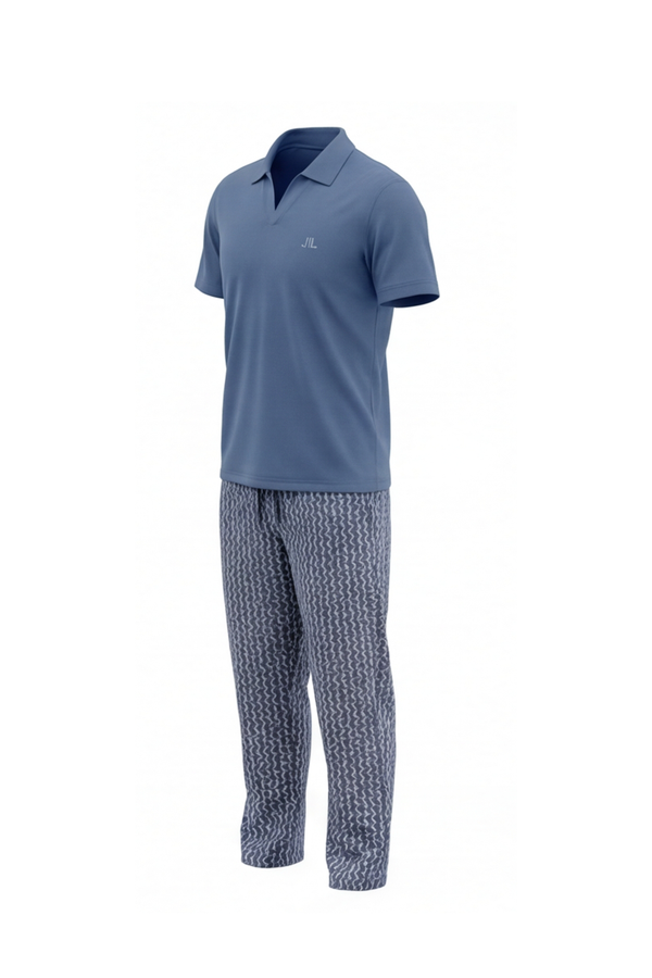 Men V-Neck Polo Pajama Set with Pants – Dutch Blue