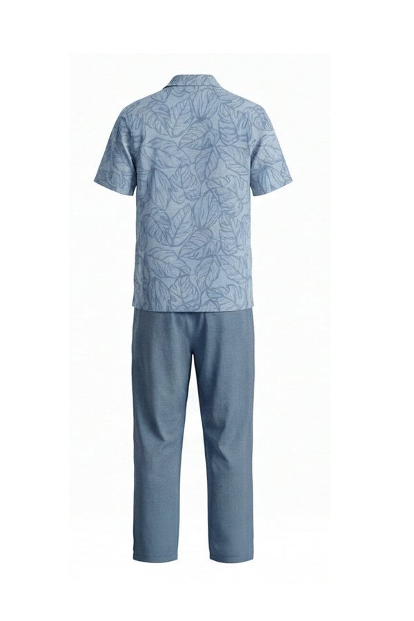 Men Lapel Cotton Pajama Set with Pants – Blue Flowy Leafs