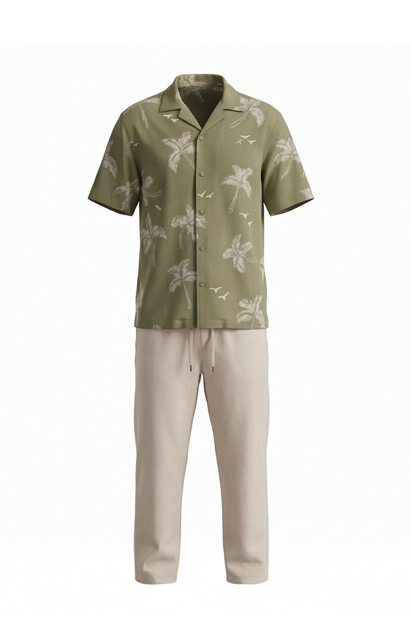 Men Lapel Cotton Pajama Set with Pants – Green Palm Tree