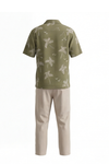Men Lapel Cotton Pajama Set with Pants – Green Palm Tree