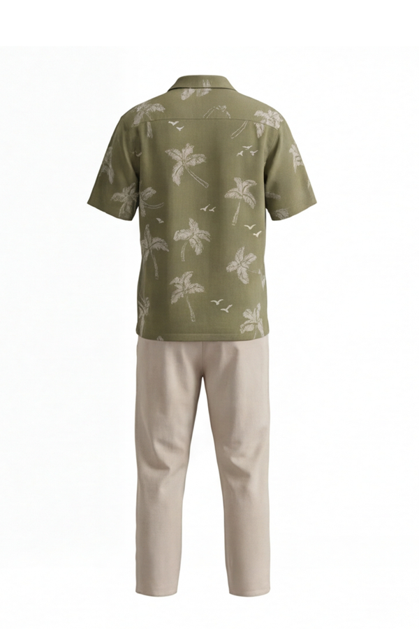 Men Lapel Cotton Pajama Set with Pants – Green Palm Tree