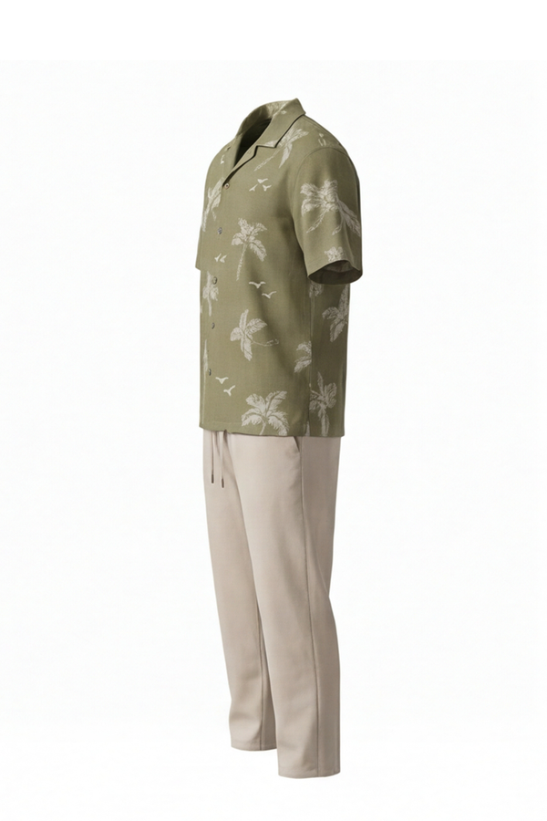 Men Lapel Cotton Pajama Set with Pants – Green Palm Tree