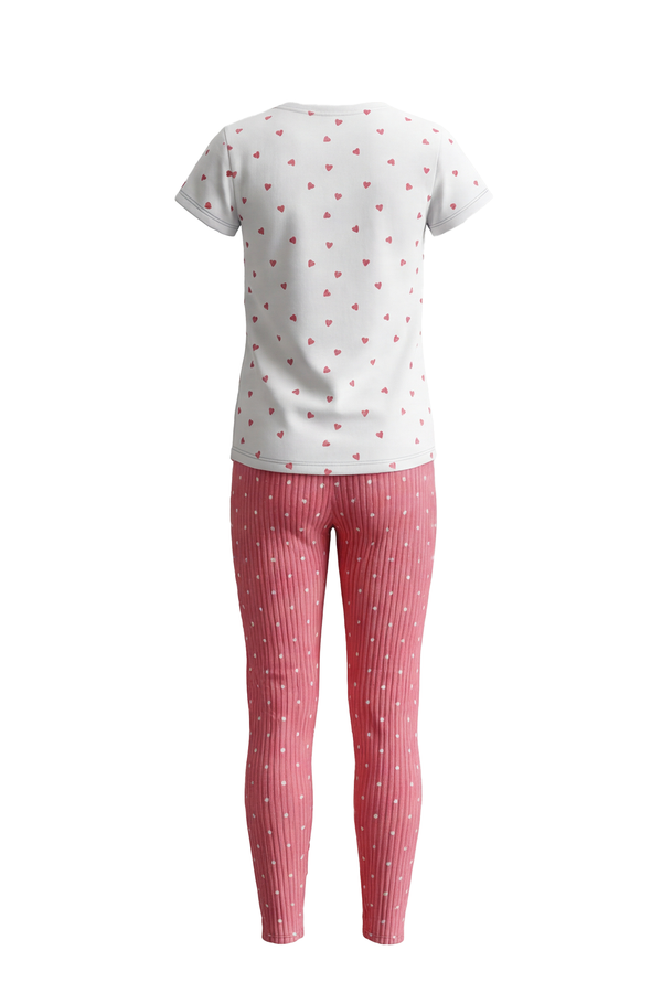 Girls SS T-Shirt With Rib Legging Pajama Set – White Small Heart