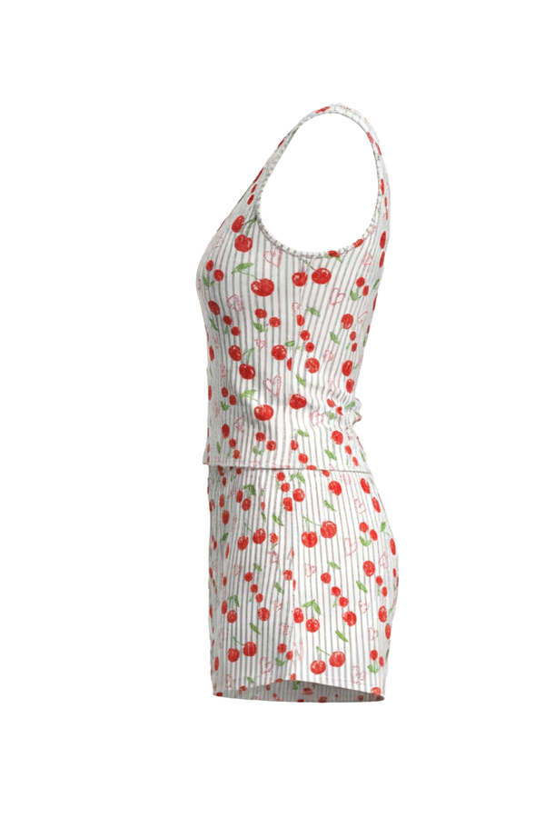 Women Tank Top with Wide-Leg Short Pajama Set – Cherry