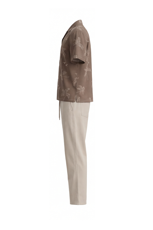 Men Lapel Cotton Pajama Set with Pants – Brown Palm Tree