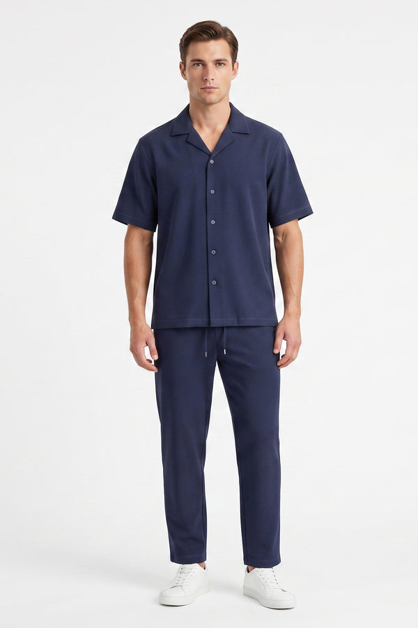 Men Lapel Cotton Pajama Set with Pants – Blue Depths