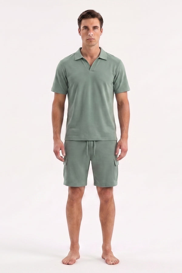 Men V-Neck Polo Pajama Set – Blue Surf