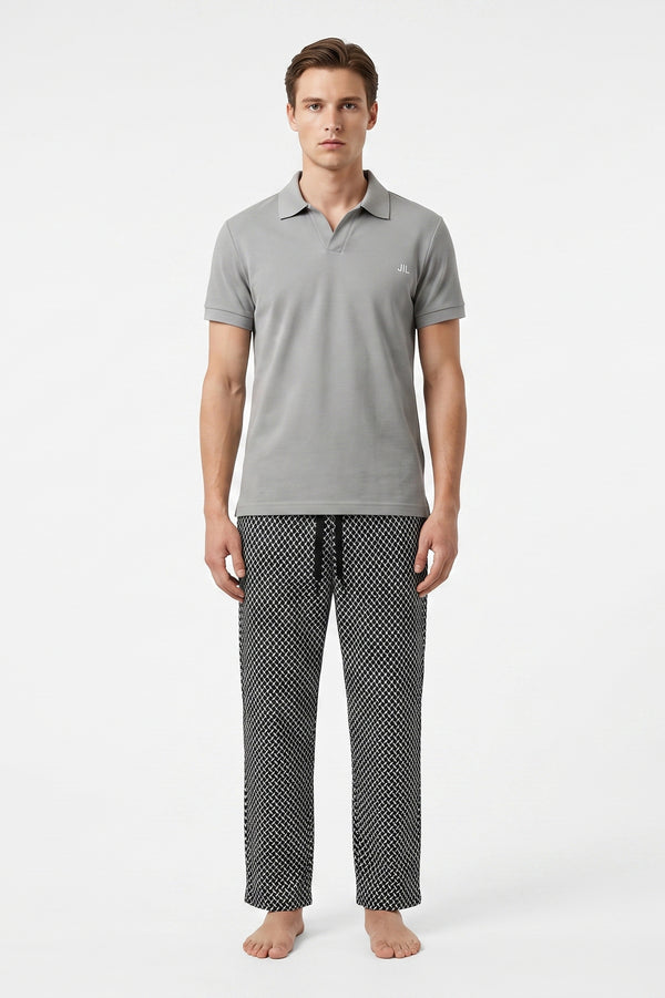 Men V-Neck Polo Pajama Set with Pants – Glacier Gray