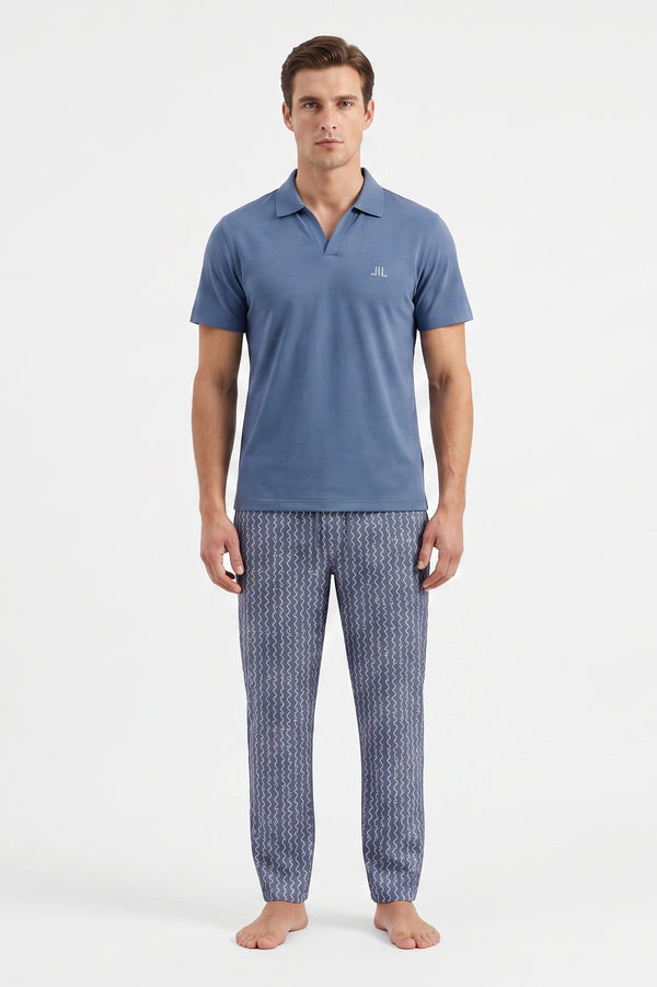 Men V-Neck Polo Pajama Set with Pants – Dutch Blue
