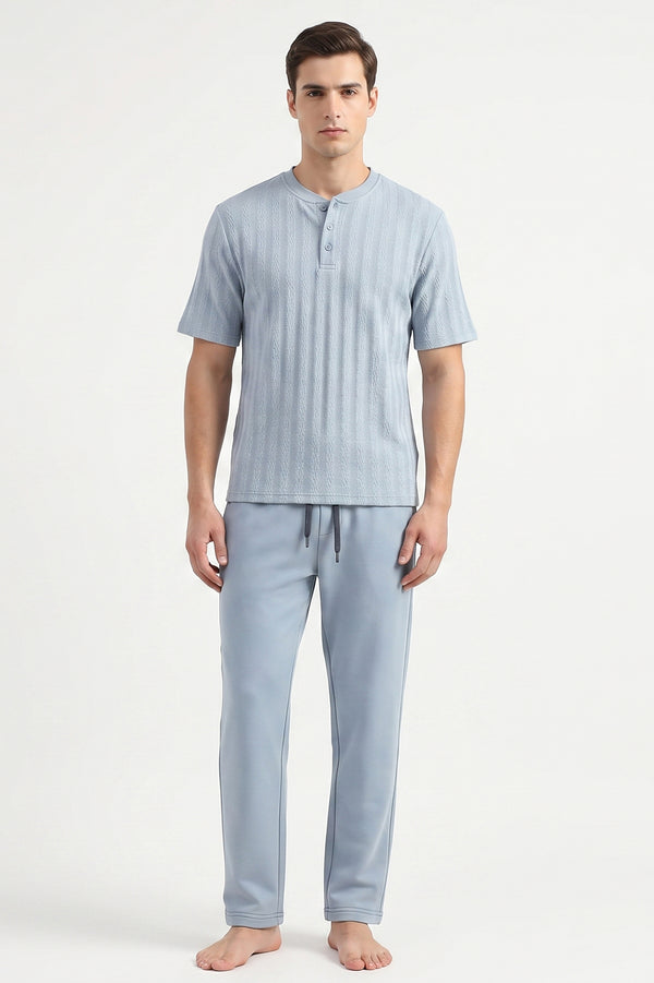 Men Cotton Pajama Set with Pants – Blue Chevron