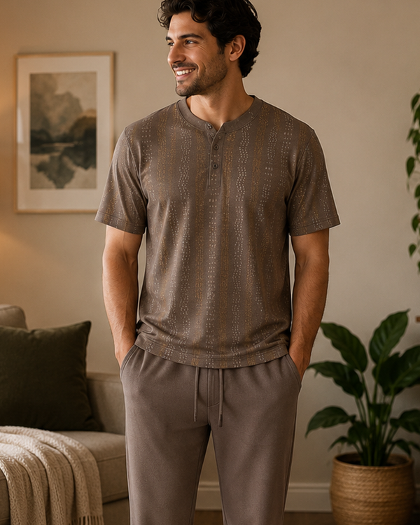 Men Cotton Pajama Set with Pants – Brown Chevron