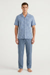 Men Lapel Cotton Pajama Set with Pants – Blue Flowy Leafs
