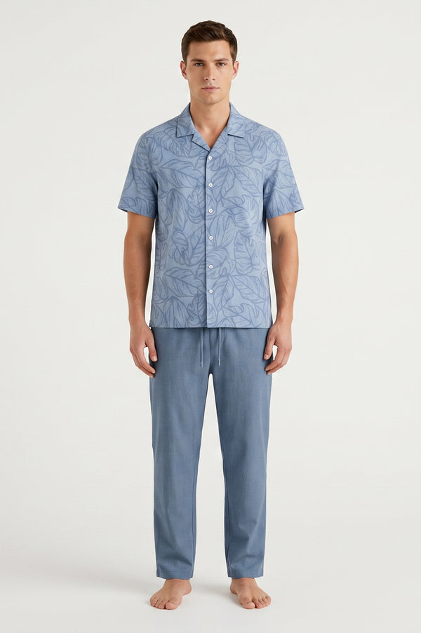 Men Lapel Cotton Pajama Set with Pants – Blue Flowy Leafs