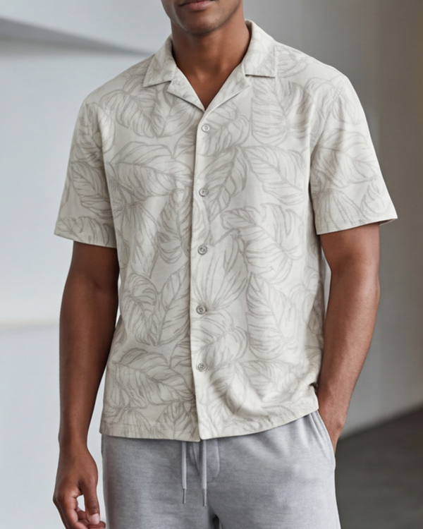 Men Lapel Cotton Pajama Set with Pants – Beige Flowy Leafs