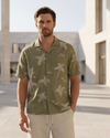 Men Lapel Cotton Pajama Set with Pants – Green Palm Tree