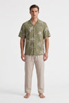 Men Lapel Cotton Pajama Set with Pants – Green Palm Tree